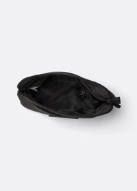 Black crossbody bag open top view showing interior lining and zipper compartments