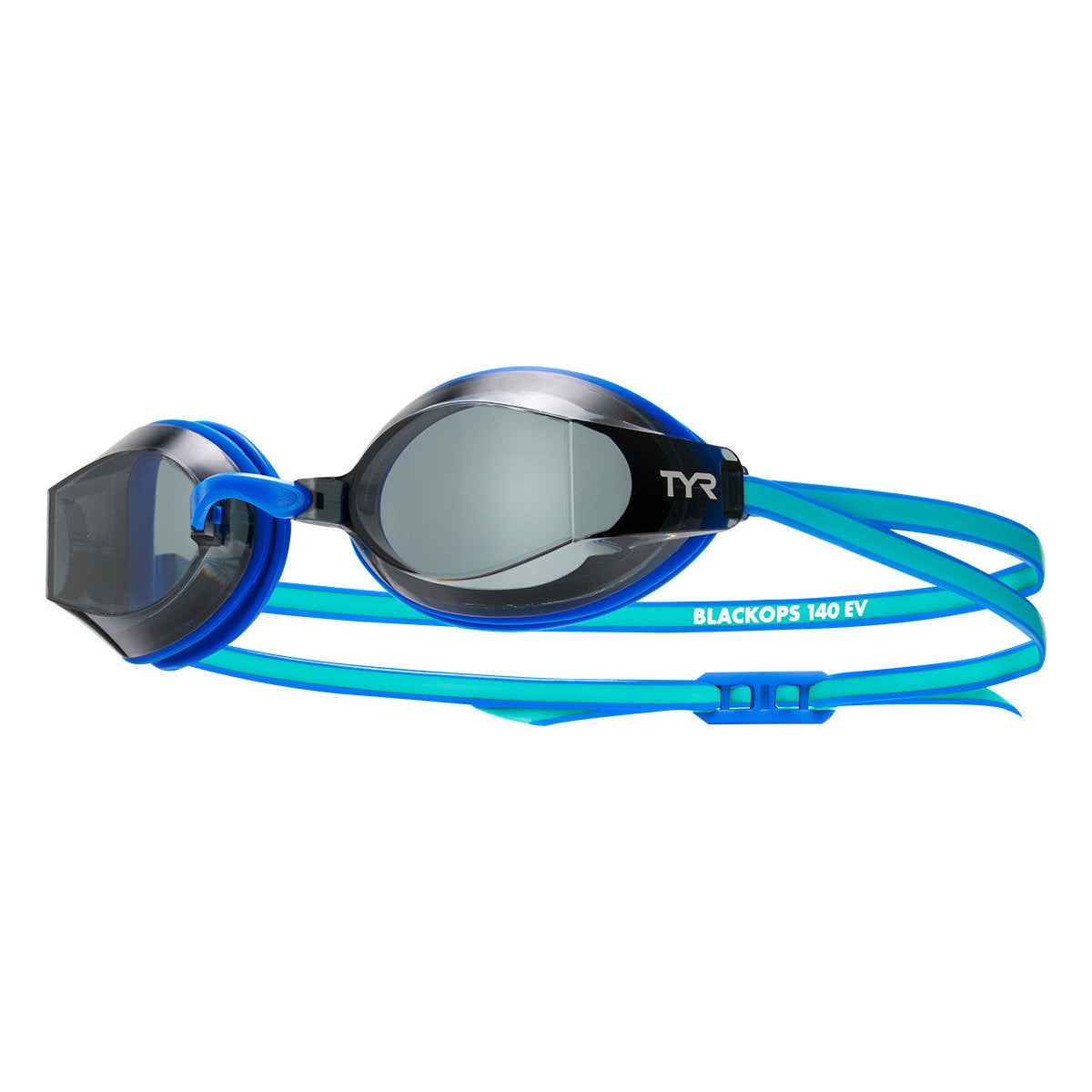 Racing swim goggles with dark tinted lenses and blue straps shown from side angle