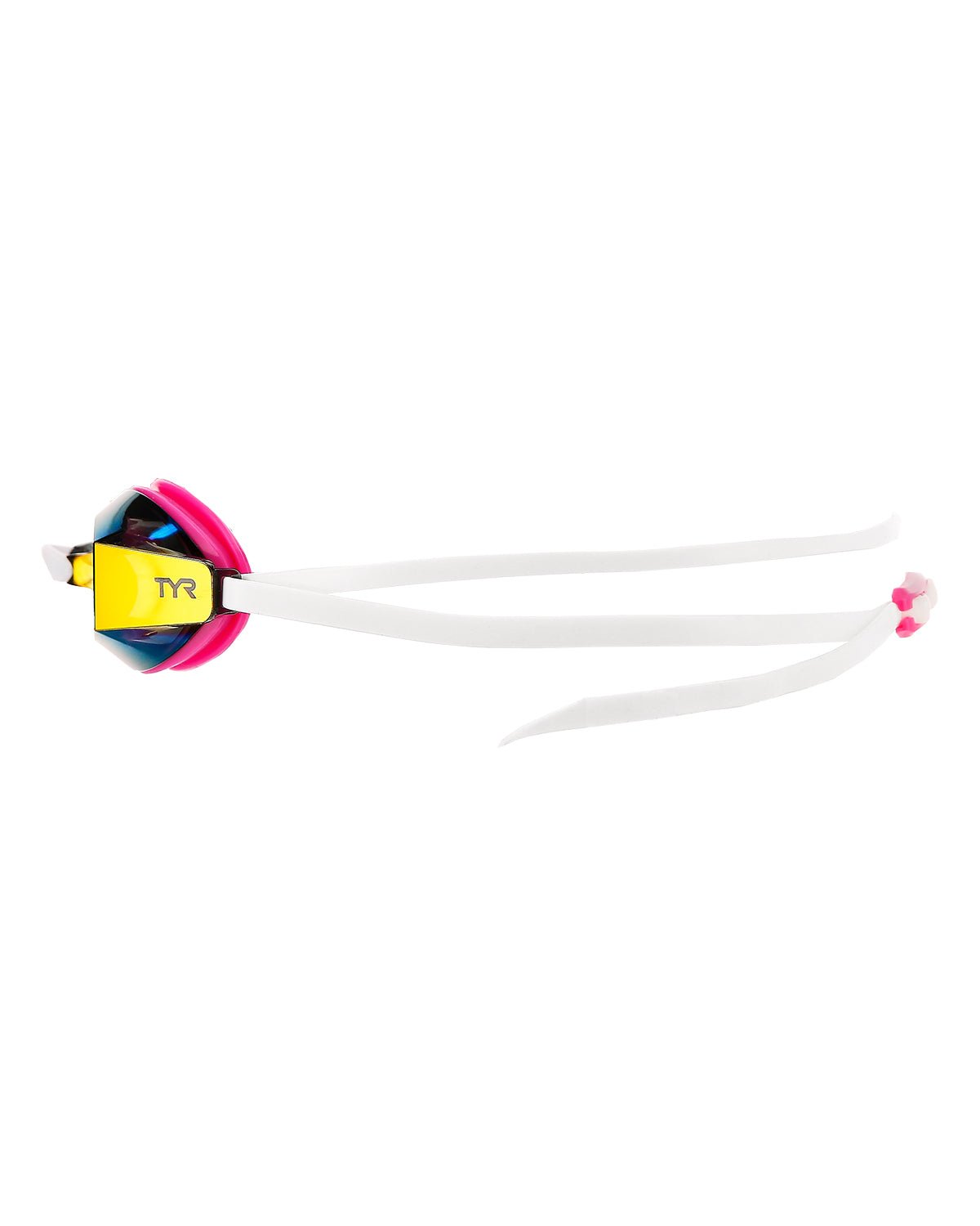Mirrored swim goggles with white straps, pink seal, and yellow nose bridge, side view