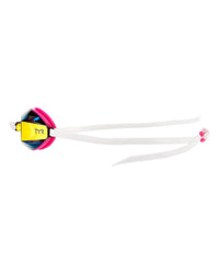 Mirrored swim goggles with white straps, pink seal, and yellow nose bridge, side view