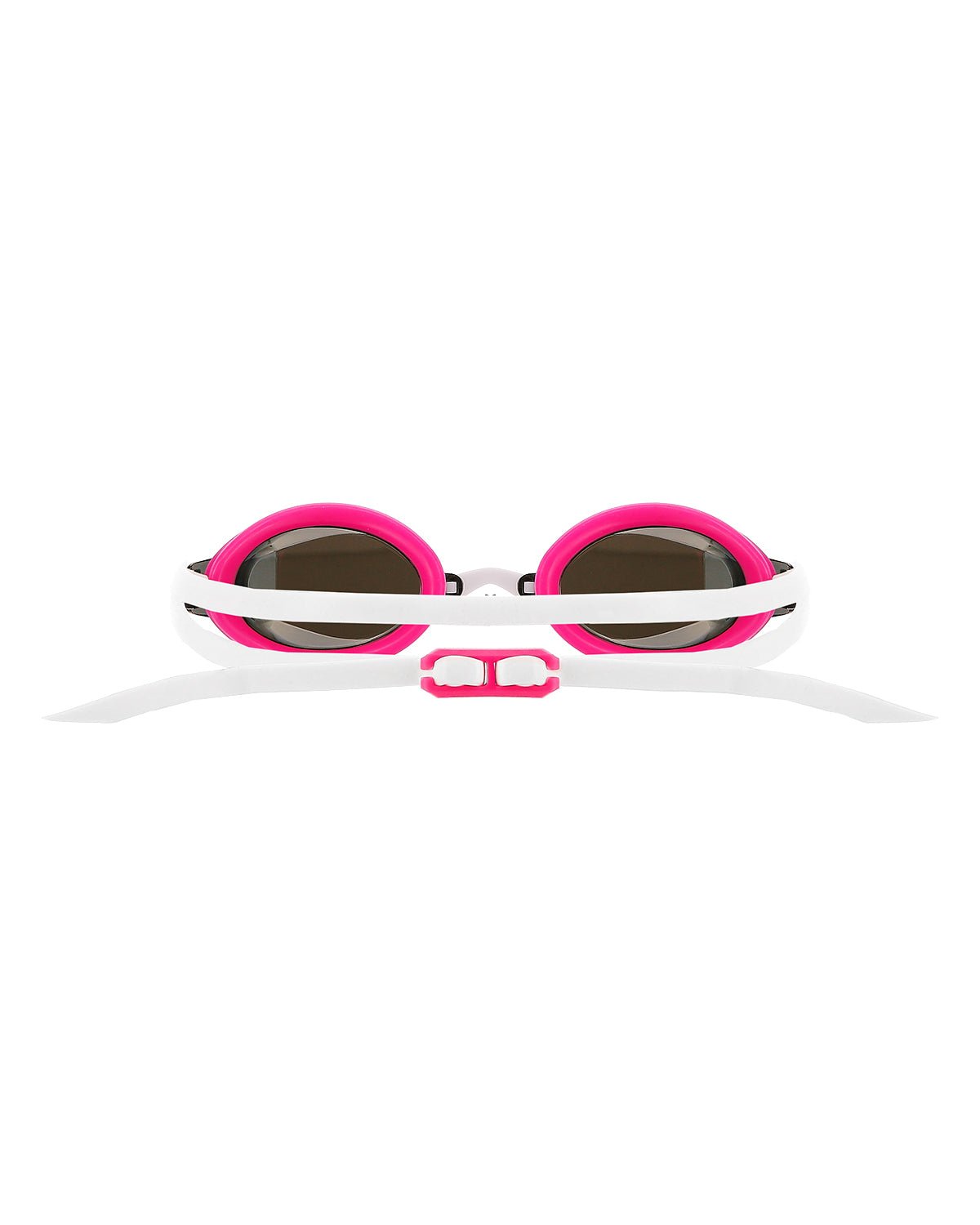 Swimming goggles with pink eye seals, white frame, dark mirrored lenses, rear view