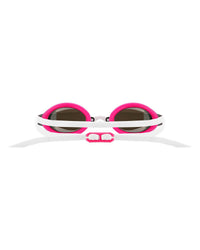 Swimming goggles with pink eye seals, white frame, dark mirrored lenses, rear view