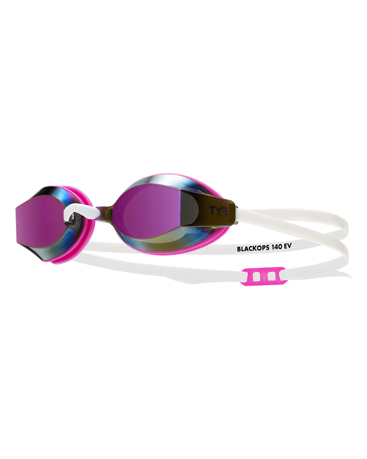 Mirrored swim goggles with pink frame, white strap, and iridescent lenses, side angle view