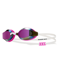 Mirrored swim goggles with pink frame, white strap, and iridescent lenses, side angle view