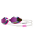 Mirrored swim goggles with pink frame, white strap, and iridescent lenses, side angle view