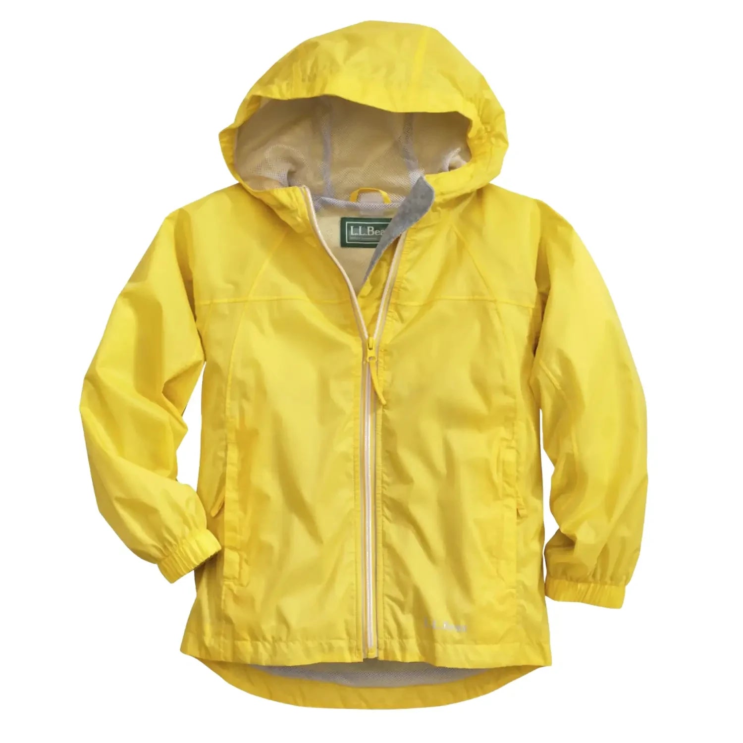 Yellow hooded rain jacket with full zip, mesh lining, and elastic cuffs, front view