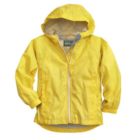 Yellow hooded rain jacket with full zip, mesh lining, and elastic cuffs, front view