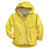 Yellow hooded rain jacket with full zip, mesh lining, and elastic cuffs, front view