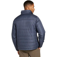Dark gray quilted puffer jacket with stand collar shown from back view