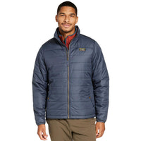 Dark gray quilted puffer jacket with full zip and stand collar, front view