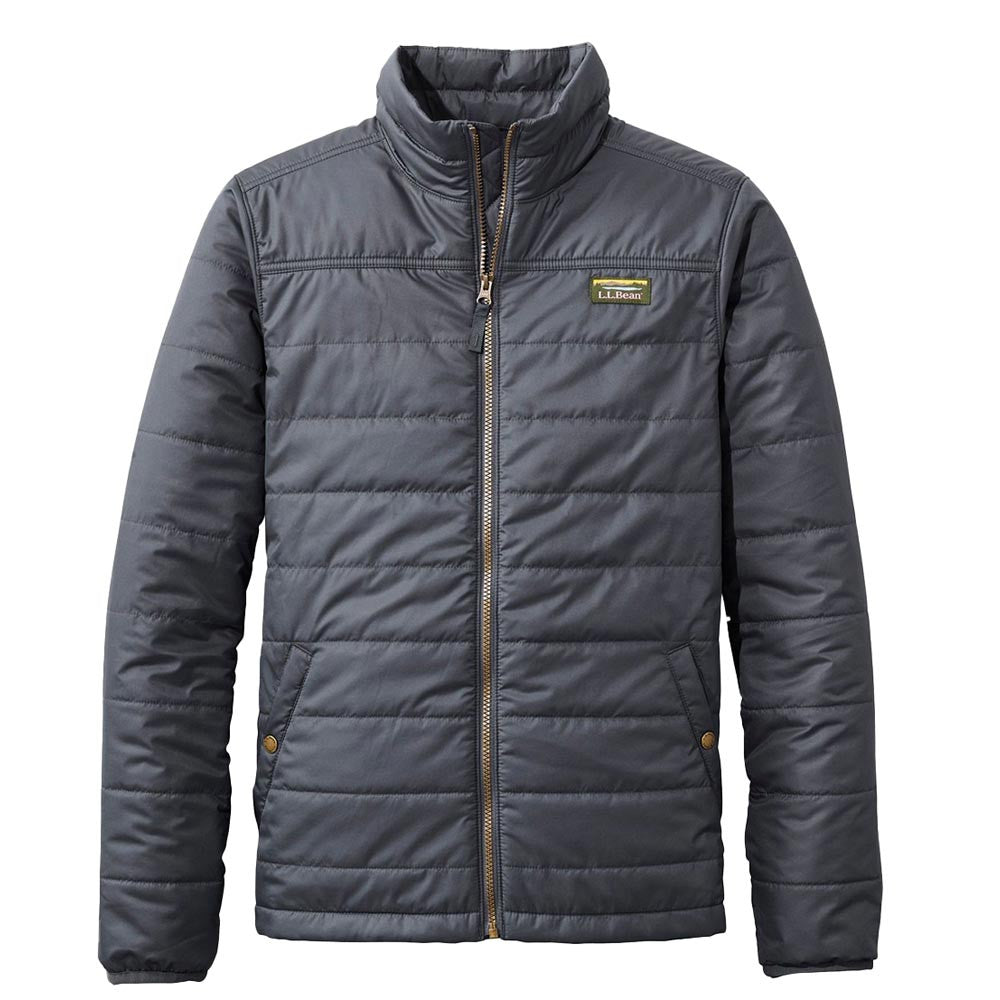 Dark gray quilted puffer jacket with full zip closure and two front pockets