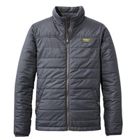 Dark gray quilted puffer jacket with full zip closure and two front pockets
