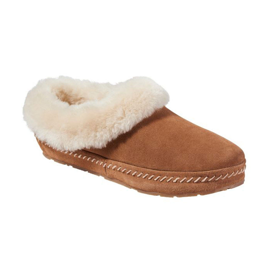 Women's suede clog slipper with fluffy cream sheepskin collar and lining, side view