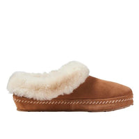 Women's moccasin-style slipper in tan suede with plush cream sherpa fur collar, side view