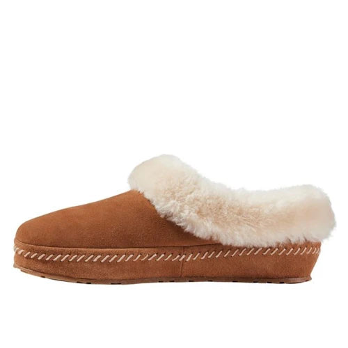 Women's suede moccasin slipper with plush sherpa fur collar and lining, side view