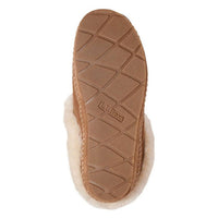 Bottom view of a sheepskin slipper showing tan rubber outsole with traction pattern and cream fleece lining