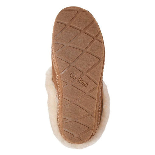 Bottom view of a sheepskin slipper showing tan rubber outsole with traction pattern and cream fleece lining