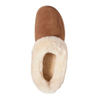 Top-down view of a suede slipper boot with plush cream shearling lining and cuff