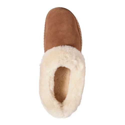 Top-down view of a suede slipper boot with plush cream shearling lining and cuff