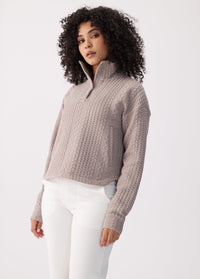 Women's cable-knit quarter-zip pullover top with mock neck, long sleeves, front view