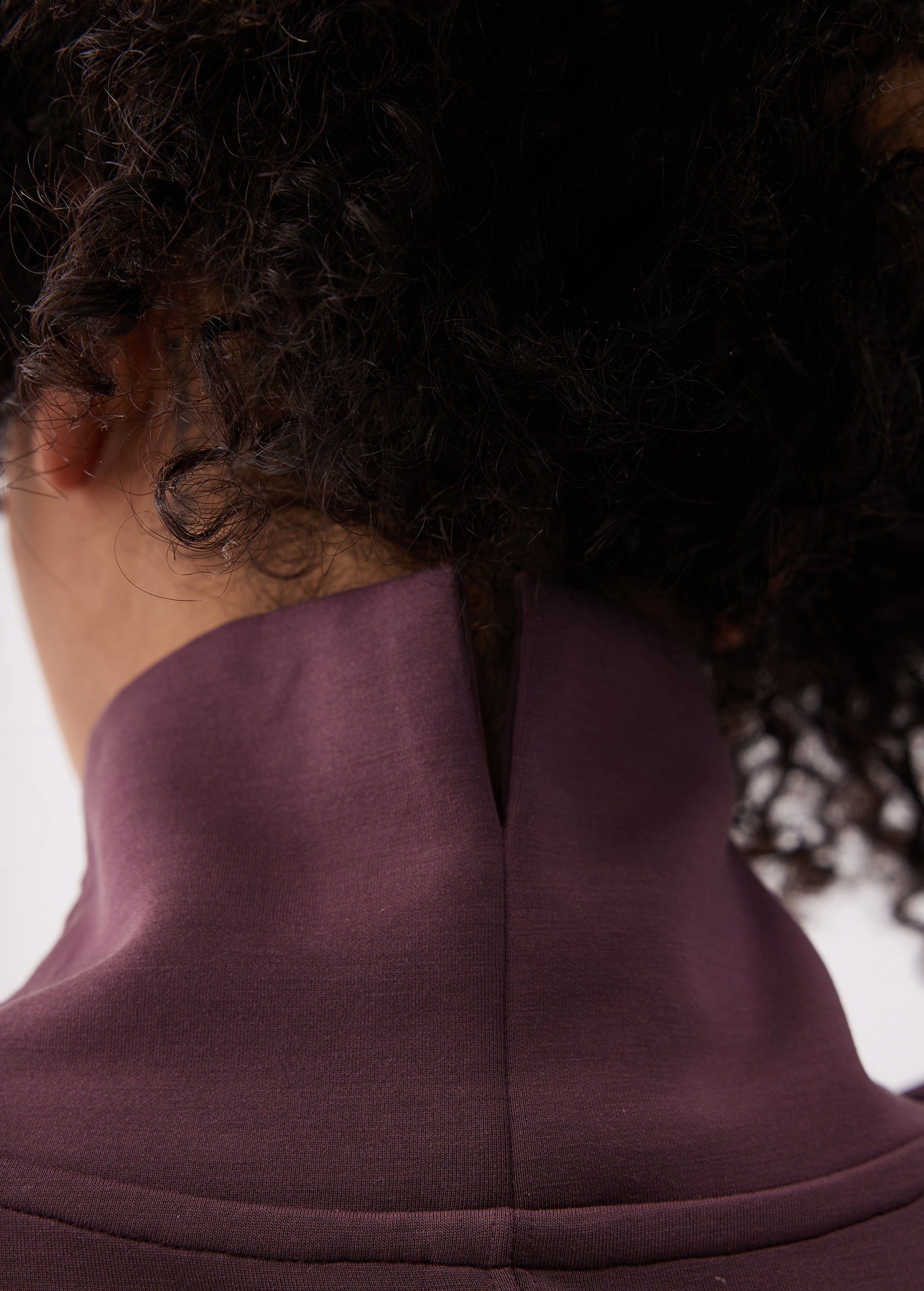 Close-up back neck detail of a long-sleeve turtleneck tunic with center seam