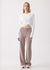 Wide-leg pants in taupe with seam detail and side pockets, front view on model