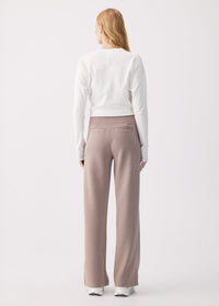 Wide-leg trousers in taupe with patch pockets, back view on model with white top