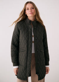 Women's quilted 3/4 length bomber jacket in dark olive, open front view on model