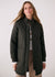 Women's quilted 3/4 length bomber jacket in dark olive, open front view on model