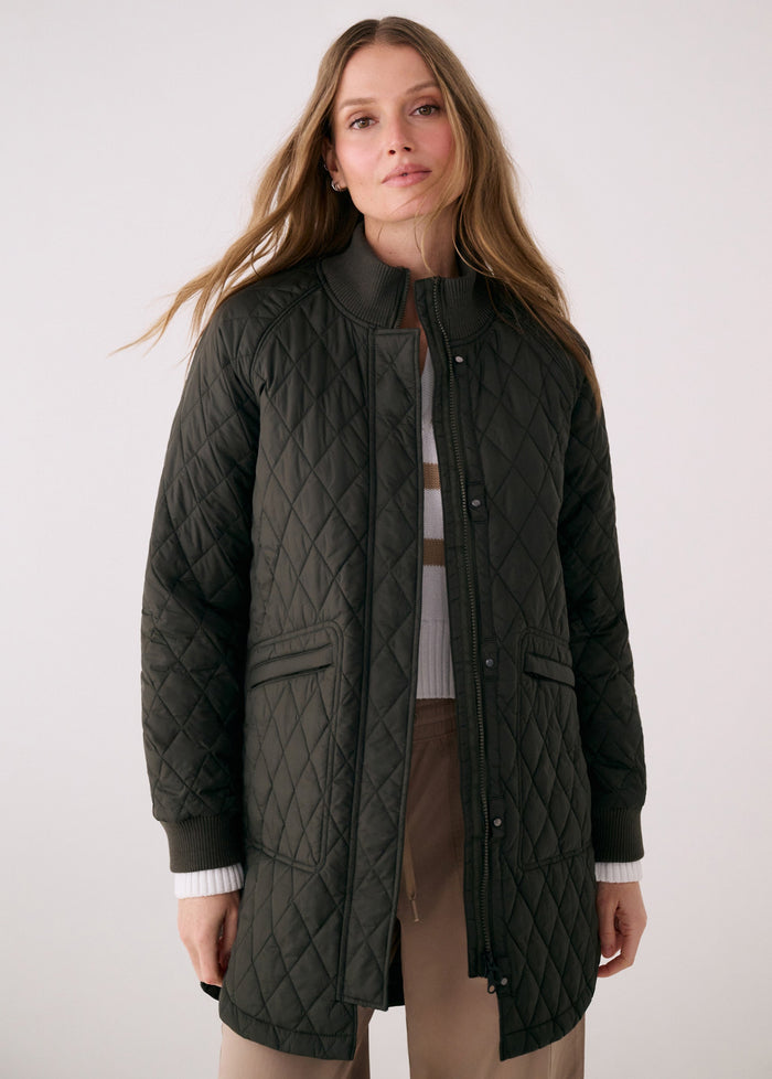 Women's quilted 3/4 length bomber jacket in dark olive, open front view on model