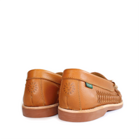 Brown leather loafers with woven detail, rear heel view on white background