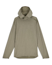 Olive green heathered long-sleeve hooded shirt with thumb holes, front view