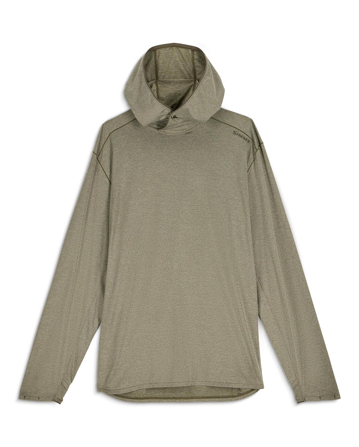 Olive green heathered long-sleeve hooded shirt with thumb holes, front view