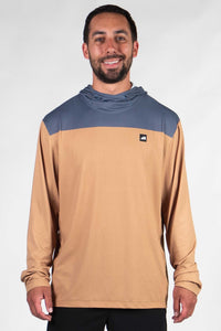 Men's hooded long sleeve shirt with blue chest panel and tan body, front view