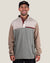 Men's color-block fleece pullover with snap collar, chest logo patch, and zip pockets, front view
