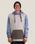 Men's colorblock pullover hoodie with blue sleeves, beige body, and brown front pocket, front view