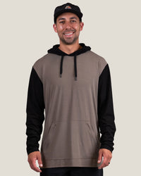 Men's two-tone pullover hoodie with taupe body, black sleeves, kangaroo pocket, front view
