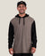 Men's two-tone pullover hoodie with taupe body, black sleeves, kangaroo pocket, front view