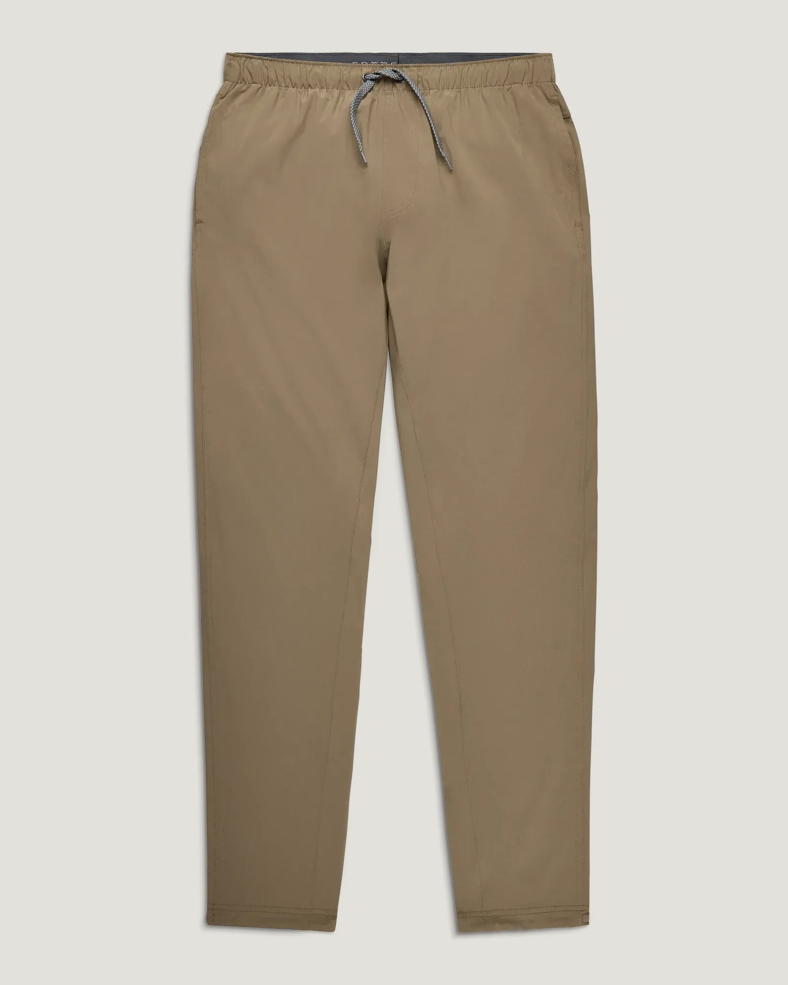 Tan elastic waist pants with drawstring cord, straight leg cut, front view