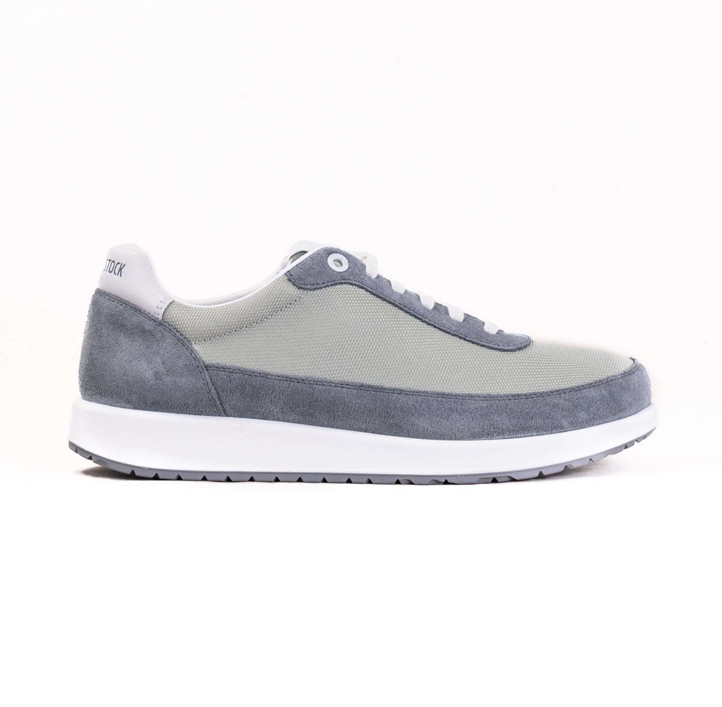 Gray and beige casual sneaker with mixed textile and suede upper, side profile view