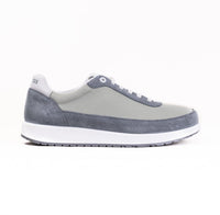 Gray and beige casual sneaker with mixed textile and suede upper, side profile view