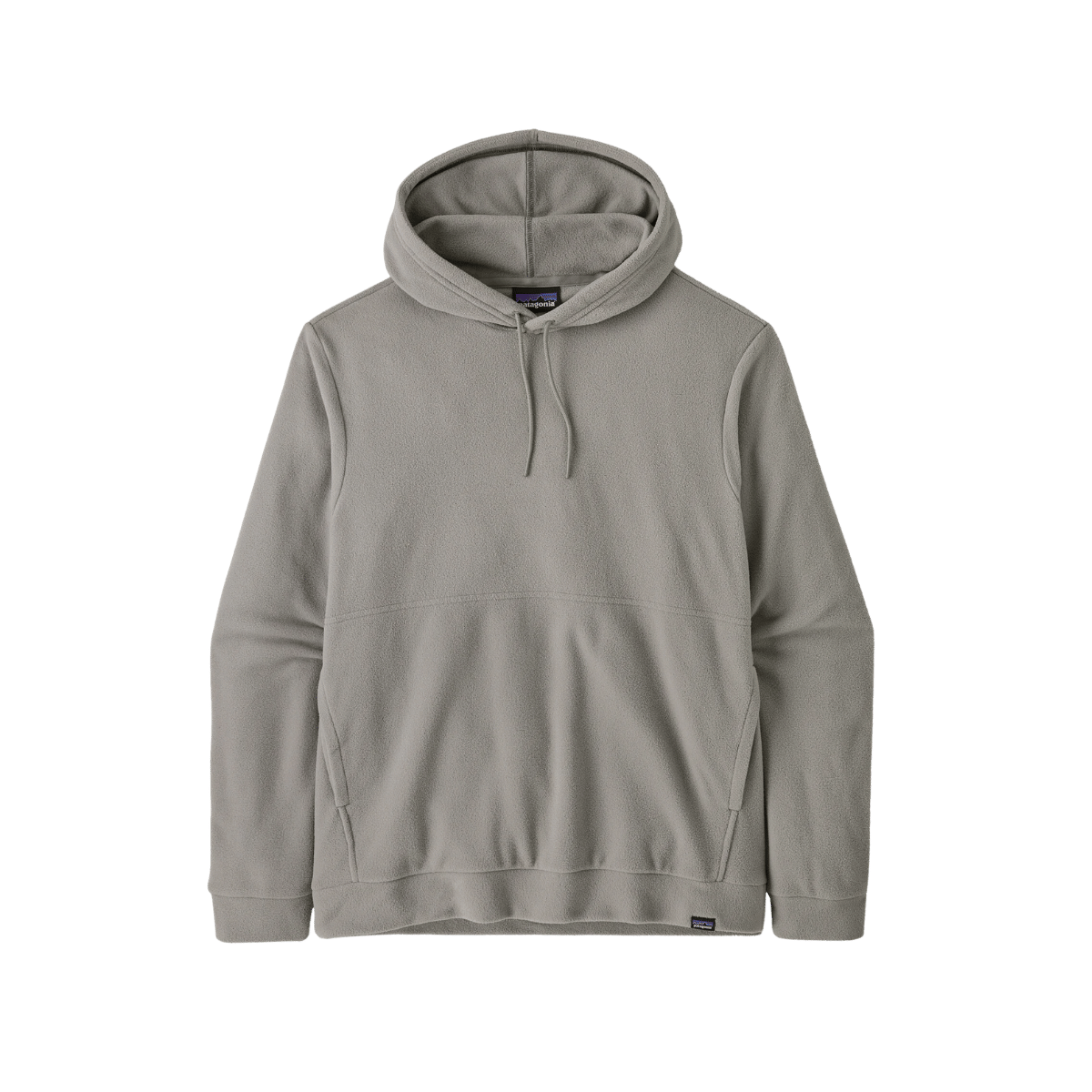 Light grey fleece pullover hoodie with kangaroo pocket and drawstring hood, front view