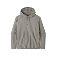Light grey fleece pullover hoodie with kangaroo pocket and drawstring hood, front view