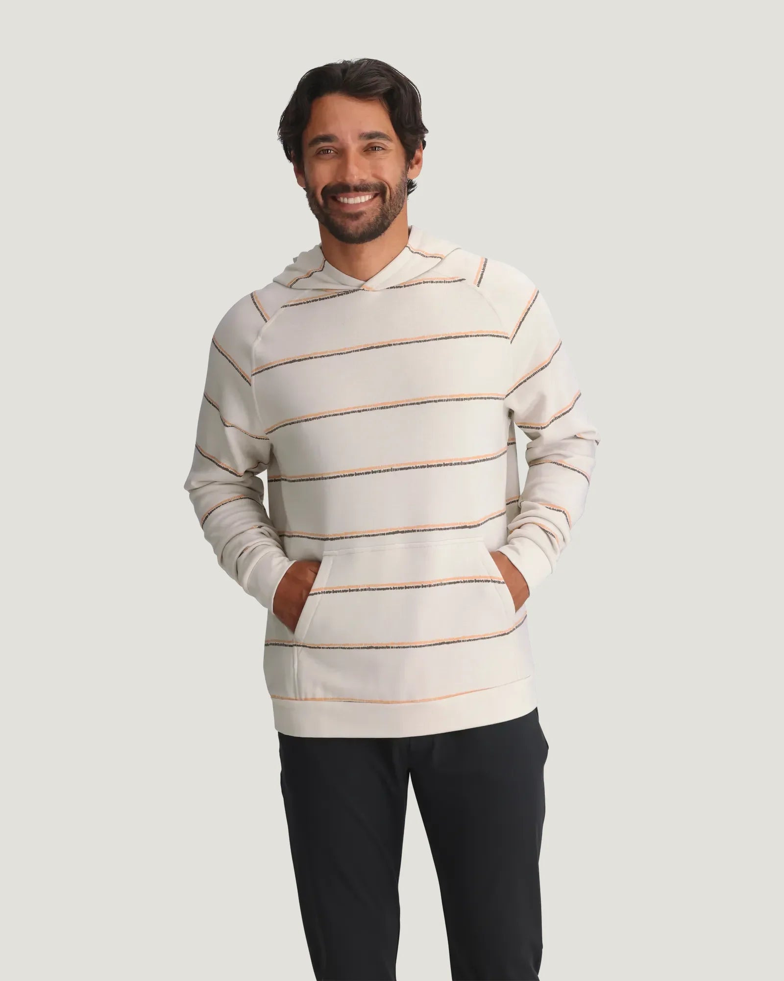 Men's striped pullover hoodie in off-white with rust and brown horizontal stripes, front view