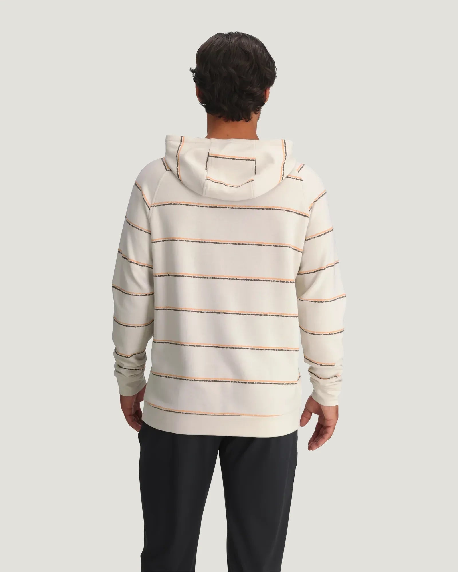 Men's striped pullover hoodie, back view, cream with orange dash stripes, long sleeves