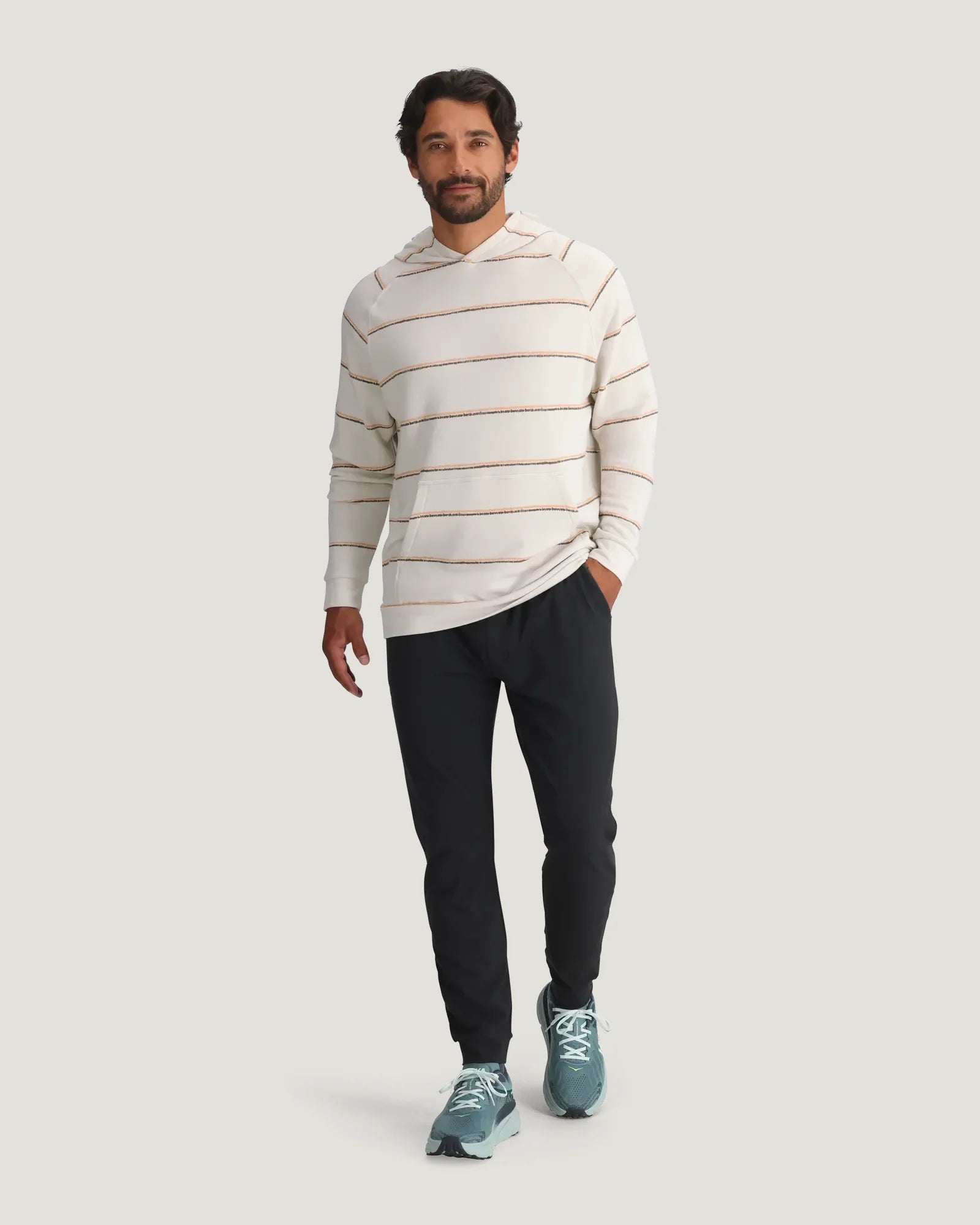 Men's striped lightweight pullover hoodie in cream with brown horizontal stripes, front view