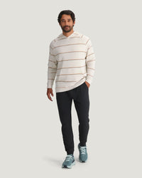 Men's striped lightweight pullover hoodie in cream with brown horizontal stripes, front view