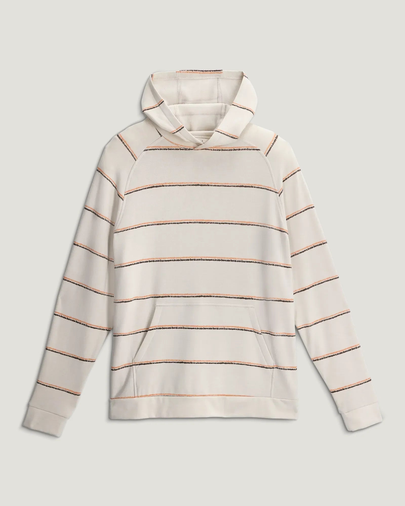 Men's striped pullover hoodie in cream with rust and navy horizontal stripes, front view