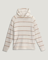 Men's striped pullover hoodie in cream with rust and navy horizontal stripes, front view