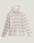 Men's striped pullover hoodie in cream with rust and navy horizontal stripes, front view